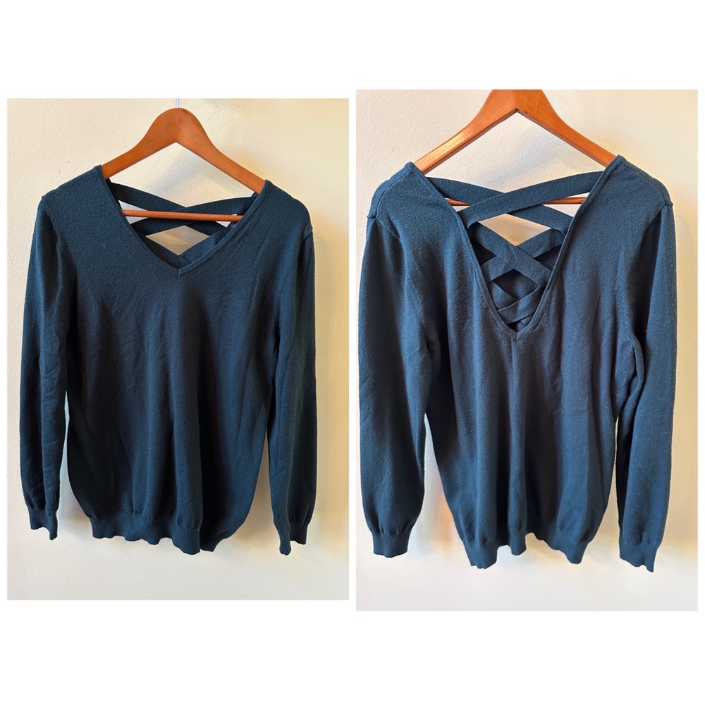 Hunter green v neck sweater with strappy back detail